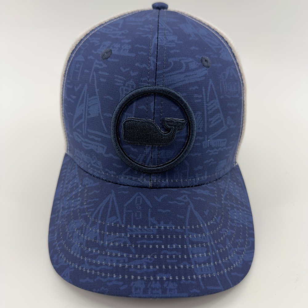 Vineyard Vines Mens Blue Nautical Print Whale Logo Mesh Trucker Hat Snapback Cap